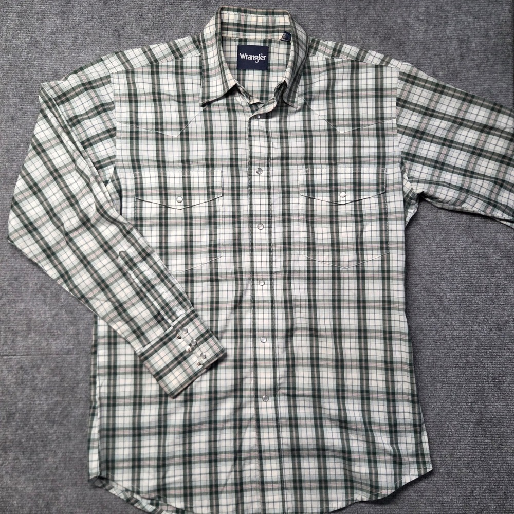 Wrangler Western Shirt Mens Medium Green Plaid Pearl Snap Long Sleeve Cowboy